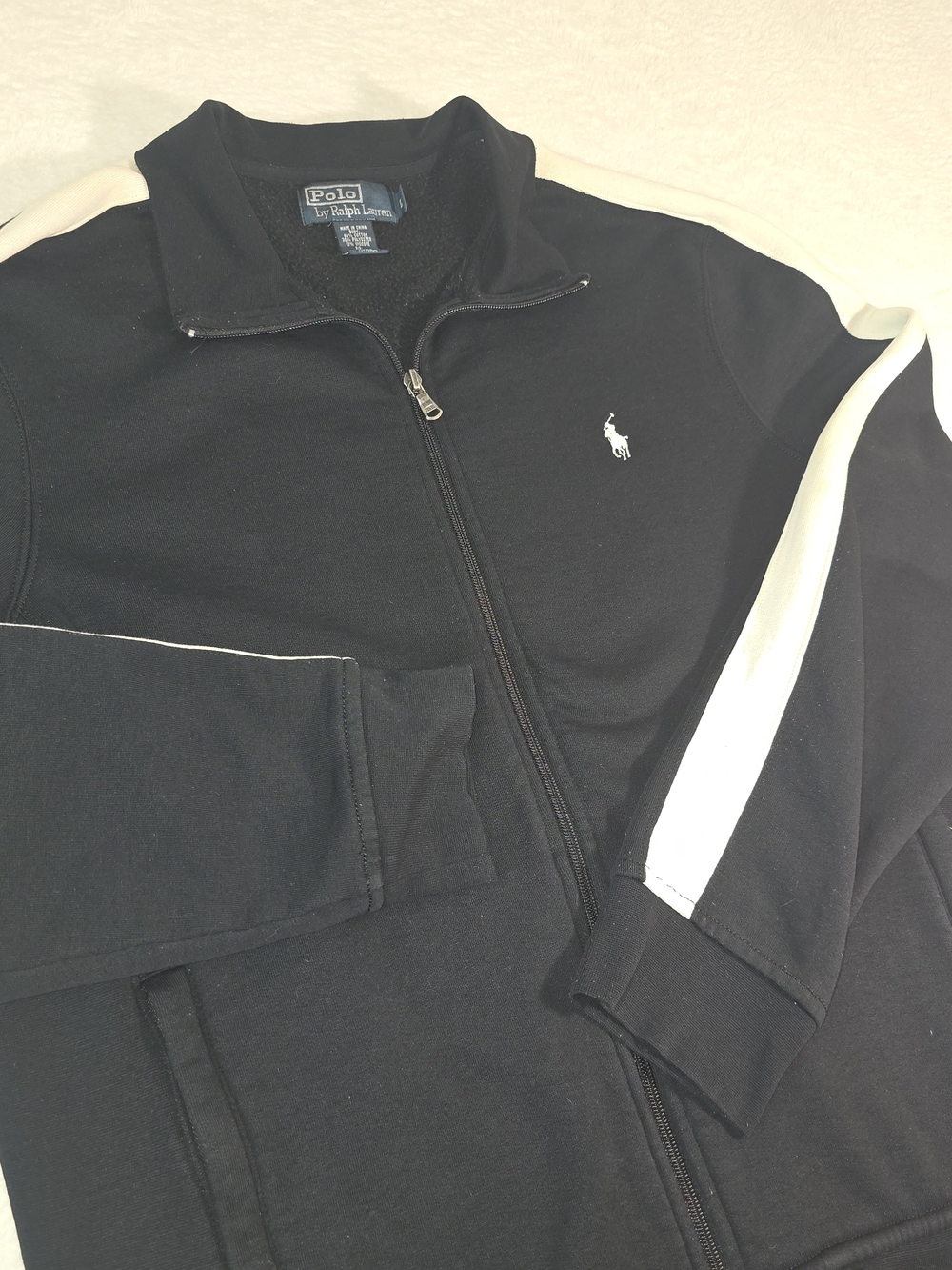 Polo Ralph Lauren Men's Cotton Track Jacket Black With White Stripe Size L